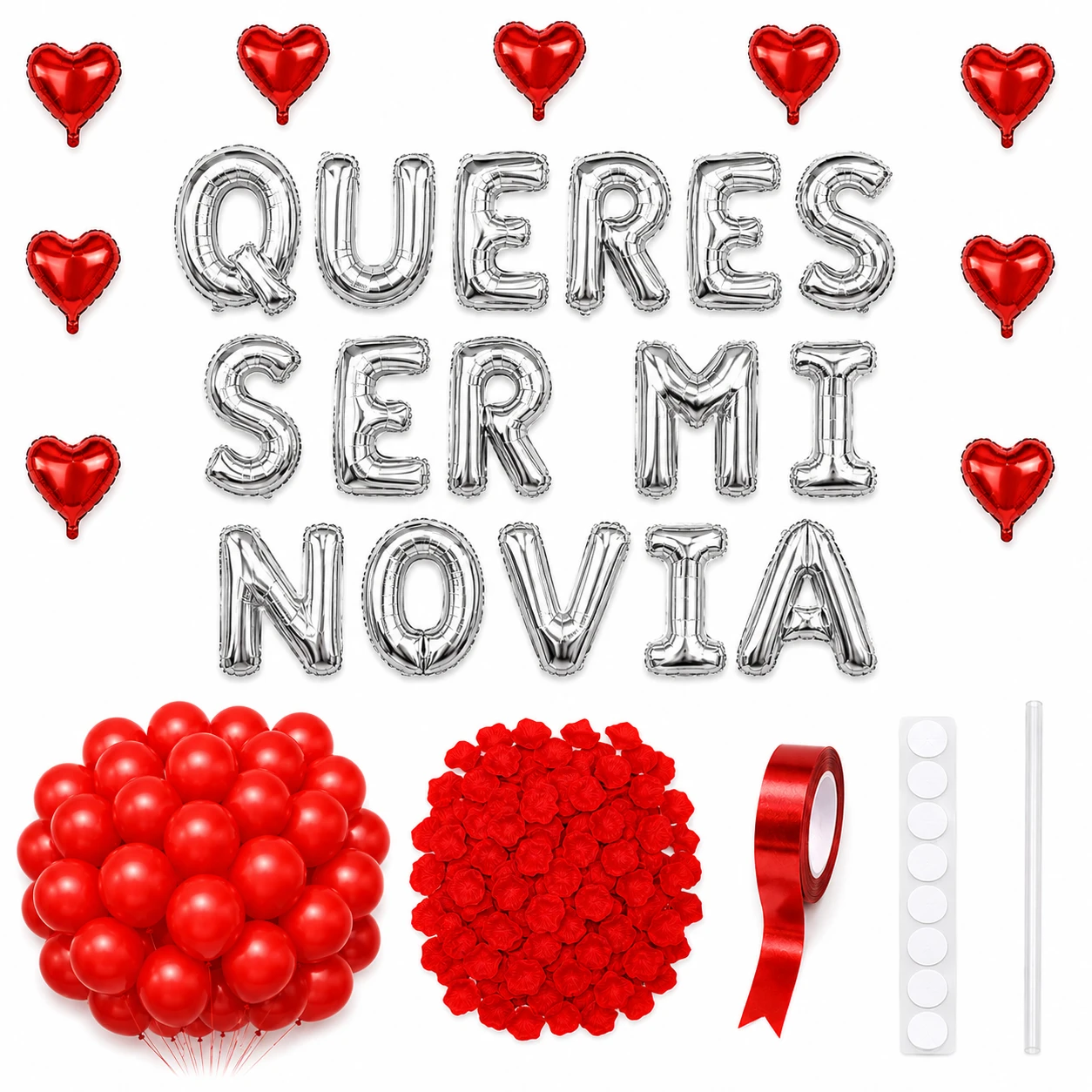 Kit ¿Querés ser mi novia? con letras plateadas, globos rojos, corazones rojos y pétalos rojos