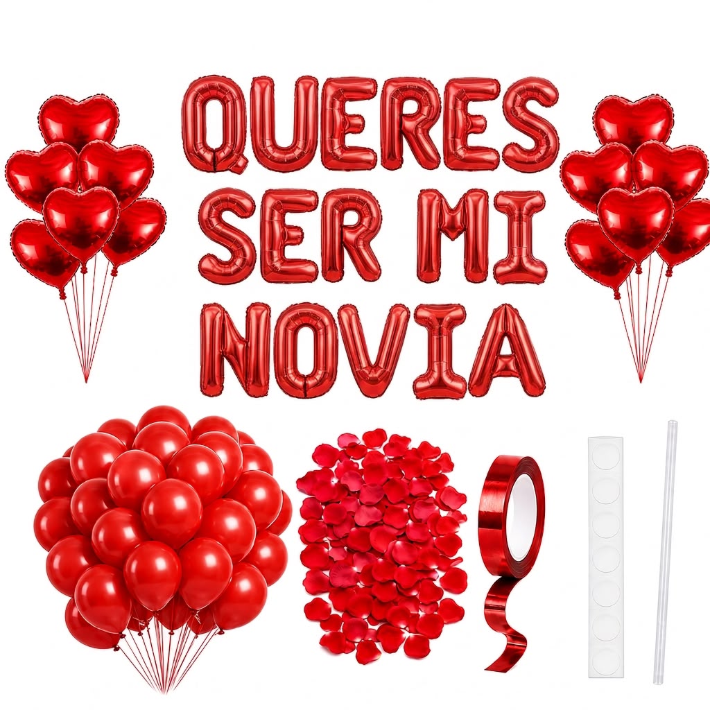 Kit ¿Querés ser mi novia? todo rojo: letras rojas, globos rojos, corazones y pétalos rojos
