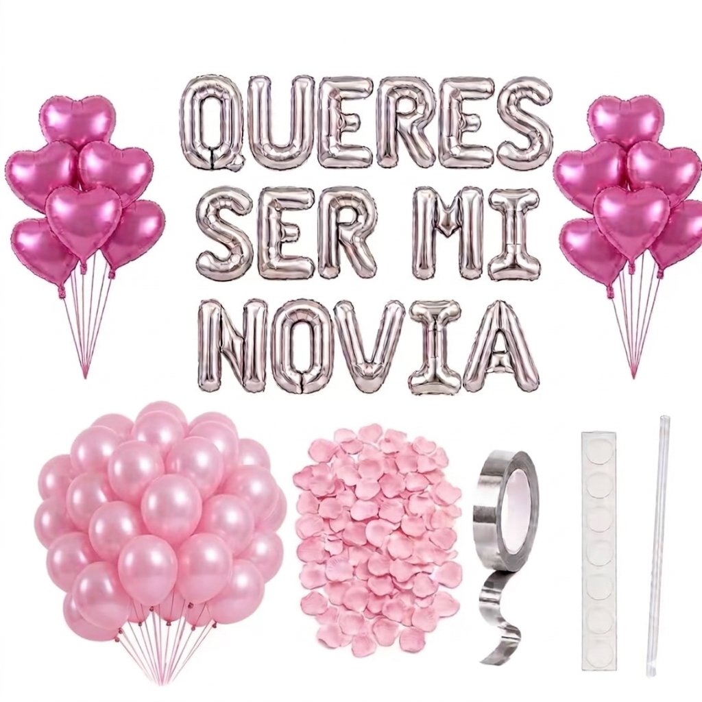 Kit ¿Querés ser mi novia? con letras plateadas, globos rosas, corazones fucsia y pétalos rosas