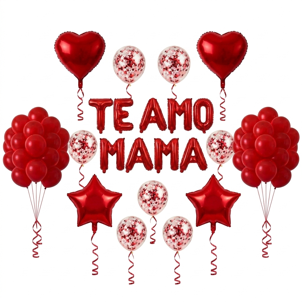 Kit Te amo mamá: letras de globos rojas, corazones, estrellas y globos con confeti